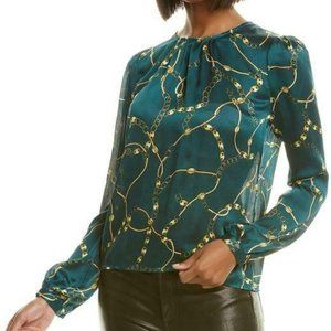 LEYDEN Women's Chain Print Sheer Blouse Dark Teal Size XS NWT